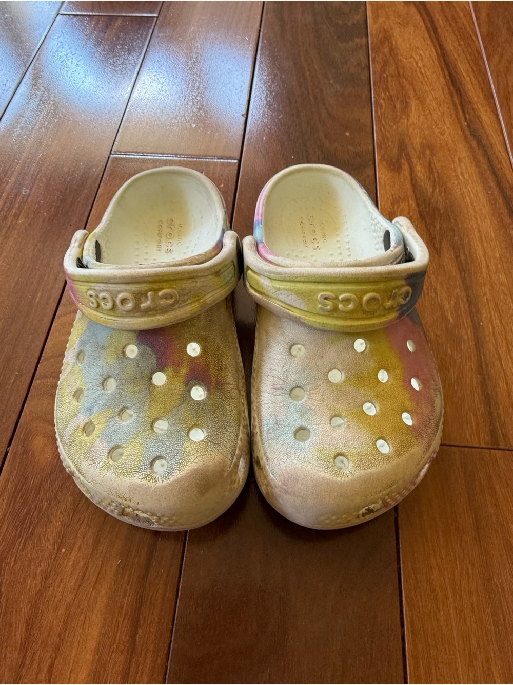 CROCS Kids Tie-Dye Classic Clog in Yellow and Pink